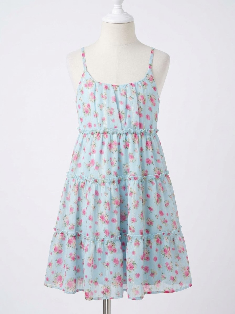 Girls Light Blue Floral Tiered Sundress